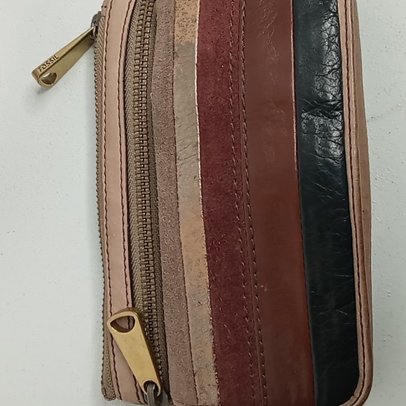 Fossil-Sydney -Striped Patchwork Clutch/Wallet /Fold-over Flap-Tan Taupe Leather - Picture 14 of 14